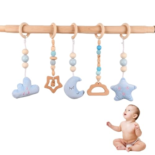 GOMETY 5 Stück Spielbogen Baby Spielzeug ab 0 Monate Spielbögen Baby Gym Anhänger Holz Spielebogen Babies Toys für Mädchen Jungen Babyspielzeug für Babyschale Kinderwagen Autositz Spielzeug (Blau) von GOMETY