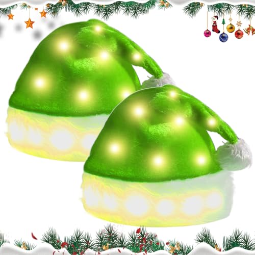 GOMETY LED Weihnachtsmütze Mütze, 35x48 cm Leuchtende Plüsch-Weihnachtsmütze, Blinkende Weihnachtsmann Mütze mit Weiß Bommel für Kinder und Erwachsene Weihnachten Partys(Grünes Warmes Licht) von GOMETY