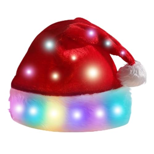 GOMETY LED Weihnachtsmütze Mütze, 35x48 cm Farbe Leuchtende Plüsch-Weihnachtsmütze, Blinkende Weihnachtsmann Mütze mit Weiß Bommel für Kinder und Erwachsene Weihnachten Partys von GOMETY