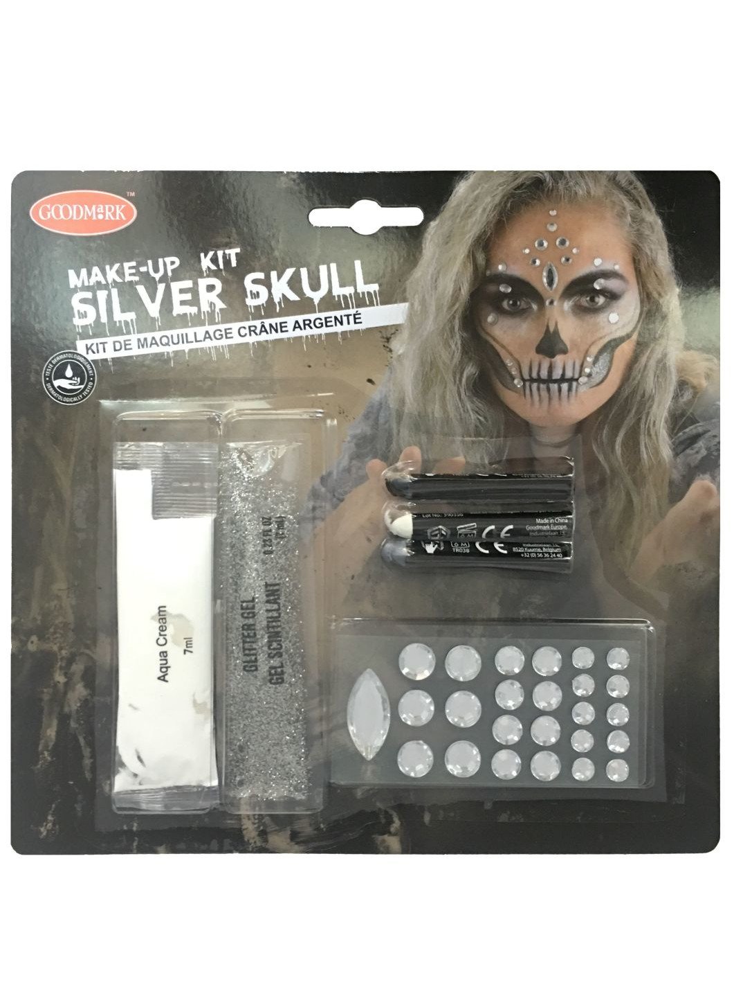 Silver Skull Make-up-Set für Damen Halloween-Schminke silber von GOODMARK