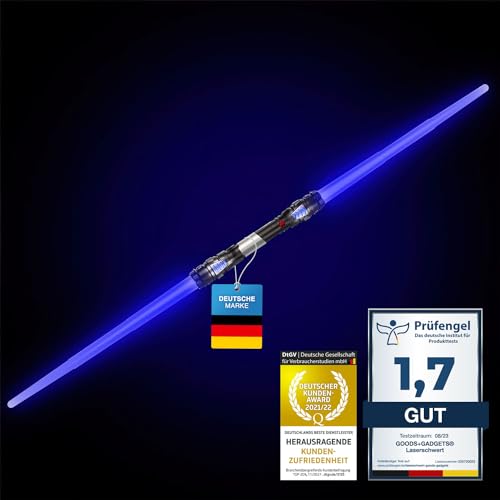 GOODS+GADGETS Doppelklingen Laserschwert Lichtschwert Laser Sword 138 cm Schwert mit Beleuchtung & Sound (Duellklinge Blau) von GOODS+GADGETS