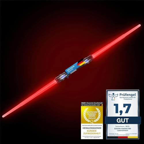 GOODS+GADGETS Doppelklingen Laserschwert Lichtschwert Laser Sword 138 cm Schwert mit Beleuchtung & Sound (Duellklinge Rot) von GOODS+GADGETS