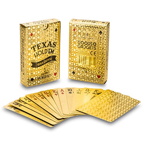 GOODS+GADGETS Gold Pokerkarten Spielkarten aus PVC Kunststoff-Karten Poker Plastik Deck wasserdicht goldene Folie von GOODS+GADGETS