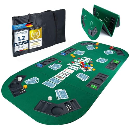 GOODS+GADGETS XXL Pokertisch-Auflage 160 x 80 cm Faltbare Pokerauflage; Poker-Zubehör Pokermatte Tisch-Auflage mit hochwertigem Filz; mit 8 Getränkehaltern; mobil & klappbar von GOODS+GADGETS