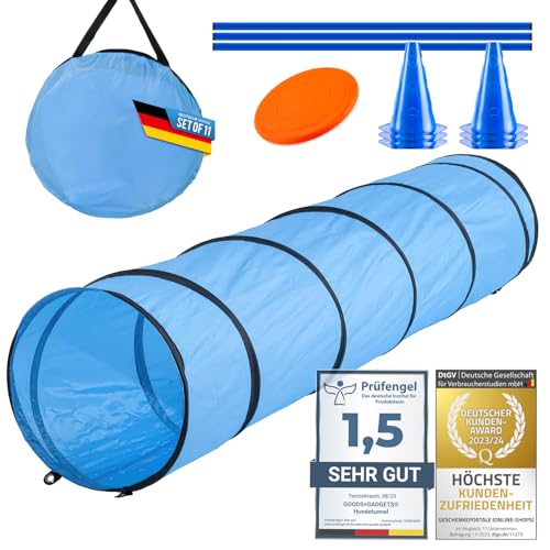 Hunde Agility Tunnel - Hundetunnel Spieltunnel; 200cm Agilitytunnel; Agility Zubehör-Set Hundehöhle inkl. Heringe, Transporttasche, Wurfspielzeug Frisbee & Steckhürden mit Hütchen von GOODS+GADGETS