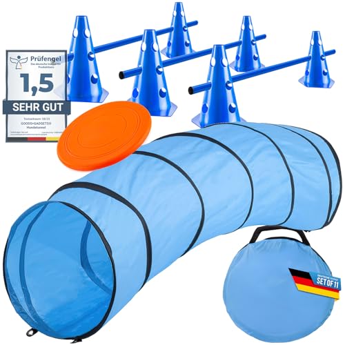 Hunde Agility Tunnel - Hundetunnel Spieltunnel; 200cm Agilitytunnel; Agility Zubehör-Set Hundehöhle inkl. Heringe, Transporttasche, Wurfspielzeug Frisbee & Steckhürden mit Hütchen von GOODS+GADGETS