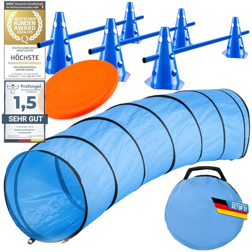 Hunde Agility Tunnel - Hundetunnel Spieltunnel; 300cm Agilitytunnel; Agility Zubehör-Set Hundehöhle inkl. Heringe, Transporttasche, Wurfspielzeug Frisbee & Steckhürden mit Hütchen von GOODS+GADGETS