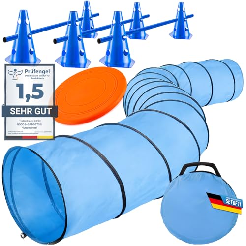 Hunde Agility Tunnel - Hundetunnel Spieltunnel; 500cm Agilitytunnel; Agility Zubehör-Set Hundehöhle inkl. Heringe, Transporttasche, Wurfspielzeug Frisbee & Steckhürden mit Hütchen von GOODS+GADGETS