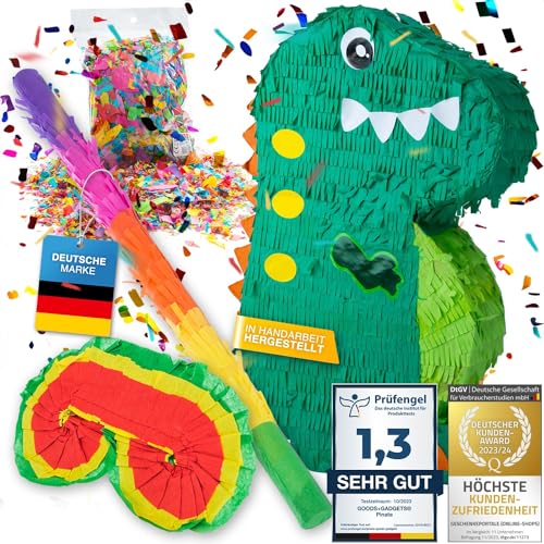 Pinata Party-Dekoration zum Befüllen XXL Set mit Konfetti, Stab & Maske; Auffüllen mit Süßigkeiten für Kinder-Geburtstag Hochzeit Party Feiern (Dino + Stab & Augenmaske) von GOODS+GADGETS