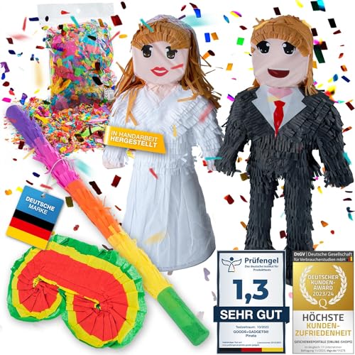 Pinata Party-Dekoration zum Befüllen XXL Set mit Konfetti, Stab & Maske; Auffüllen mit Süßigkeiten für Kinder-Geburtstag Hochzeit Party Feiern (Brautpaar + Stab & Augenmaske) von GOODS+GADGETS