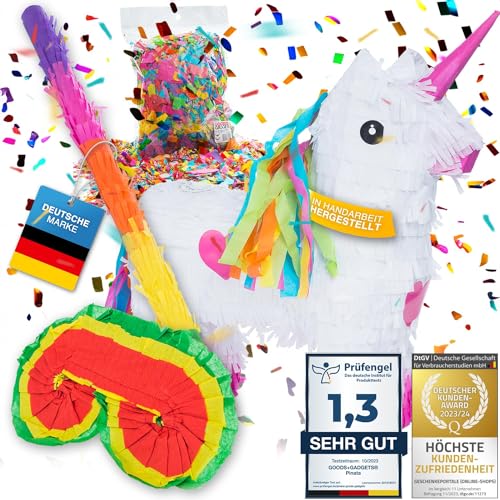 Pinata Party-Dekoration zum Befüllen XXL Set mit Konfetti, Stab & Maske; Auffüllen mit Süßigkeiten für Kinder-Geburtstag Hochzeit Party Feiern (Einhorn + Stab & Augenmaske) von GOODS+GADGETS