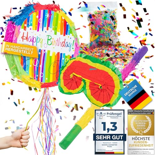 Pinata Party-Dekoration zum Befüllen XXL Set mit Konfetti, Stab & Maske; Auffüllen mit Süßigkeiten für Kinder-Geburtstag Hochzeit Party Feiern (Geburtstag + Stab & Augenmaske) von GOODS+GADGETS