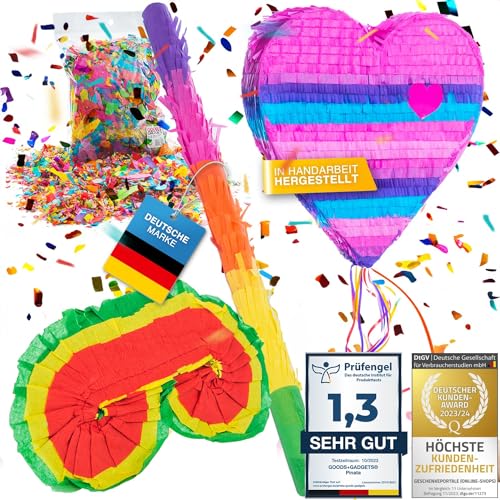 Pinata Party-Dekoration zum Befüllen XXL Set mit Konfetti, Stab & Maske; Auffüllen mit Süßigkeiten für Kinder-Geburtstag Hochzeit Party Feiern (Herz + Stab & Augenmaske) von GOODS+GADGETS