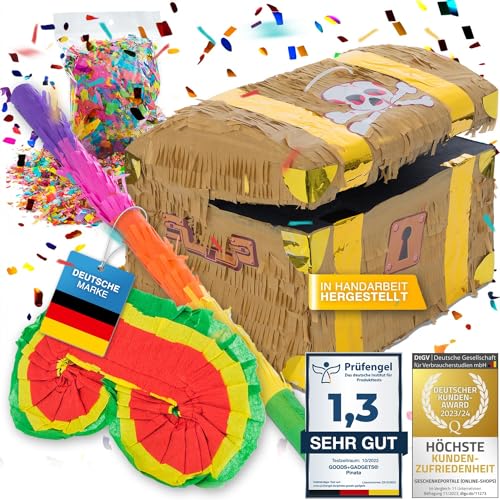 Pinata Party-Dekoration zum Befüllen XXL Set mit Konfetti, Stab & Maske; Auffüllen mit Süßigkeiten für Kinder-Geburtstag Hochzeit Party Feiern (Schatzkiste + Stab & Augenmaske) von GOODS+GADGETS