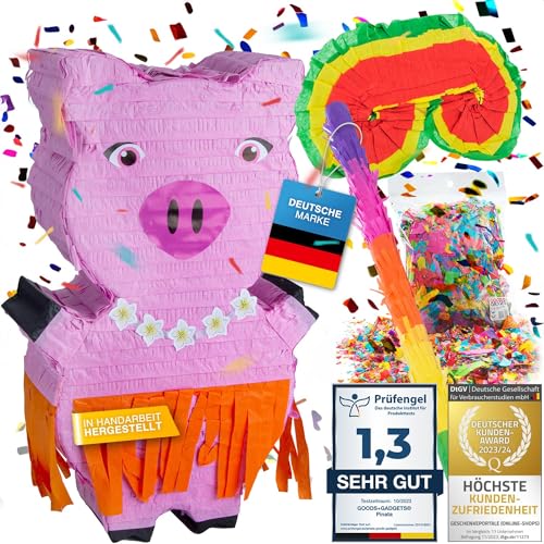 Pinata Party-Dekoration zum Befüllen XXL Set mit Konfetti, Stab & Maske; Auffüllen mit Süßigkeiten für Kinder-Geburtstag Hochzeit Party Feiern (Schwein + Stab & Augenmaske) von GOODS+GADGETS