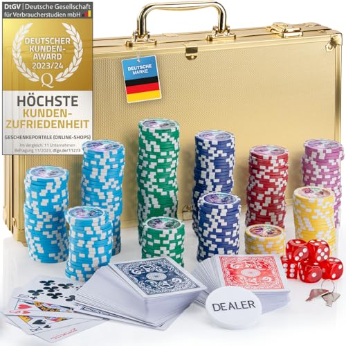 Profi Pokerkoffer Pokerset inkl. 300-500 Chips hochwertigen Pokerchips; Pokerdeck, Kartendeck, Pokerkarten, Würfel, Dealer-Button; abschließbar Alu-Koffer; Casino für Zuhause (Gold, 300 Chips) von GOODS+GADGETS