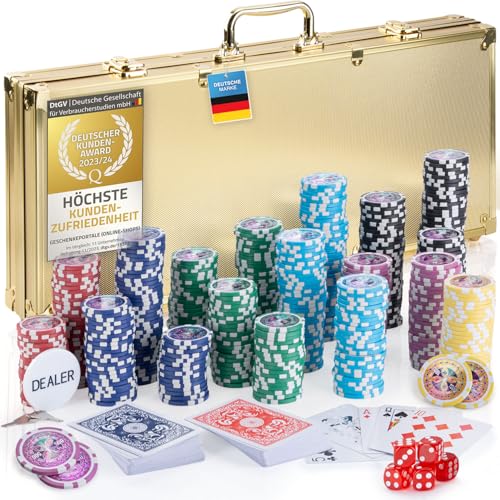 Profi Pokerkoffer Pokerset inkl. 300-500 Chips hochwertigen Pokerchips; Pokerdeck, Kartendeck, Pokerkarten, Würfel, Dealer-Button; abschließbar Alu-Koffer; Casino für Zuhause (Gold, 500 Chips) von GOODS+GADGETS