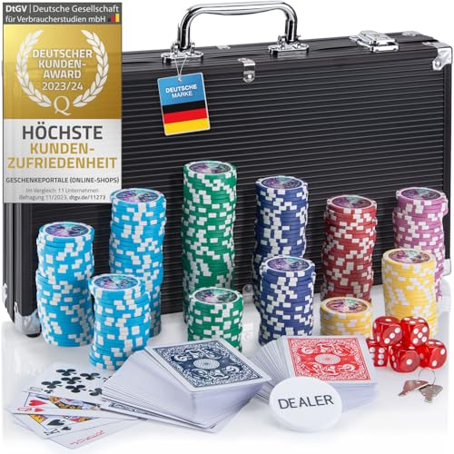 Profi Pokerkoffer Pokerset inkl. 300-500 Chips hochwertigen Pokerchips; Pokerdeck, Kartendeck, Pokerkarten, Würfel, Dealer-Button; abschließbar Alu-Koffer; Casino für Zuhause (Schwarz, 300 Chips) von GOODS+GADGETS