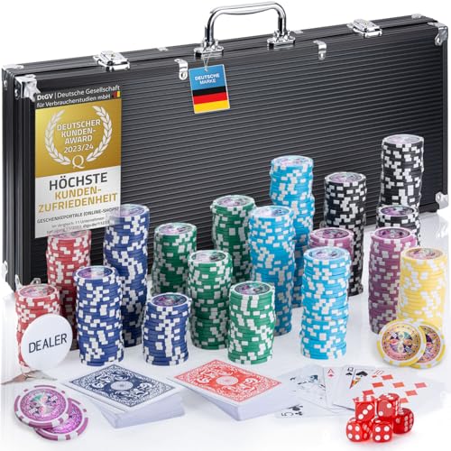 Profi Pokerkoffer Pokerset inkl. 300-500 Chips hochwertigen Pokerchips; Pokerdeck, Kartendeck, Pokerkarten, Würfel, Dealer-Button; abschließbar Alu-Koffer; Casino für Zuhause (Schwarz, 500 Chips) von GOODS+GADGETS