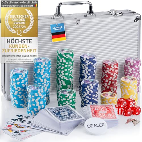 Profi Pokerkoffer Pokerset inkl. 300-500 Chips hochwertigen Pokerchips; Pokerdeck, Kartendeck, Pokerkarten, Würfel, Dealer-Button; abschließbar Alu-Koffer; Casino für Zuhause (Silber, 300 Chips) von GOODS+GADGETS