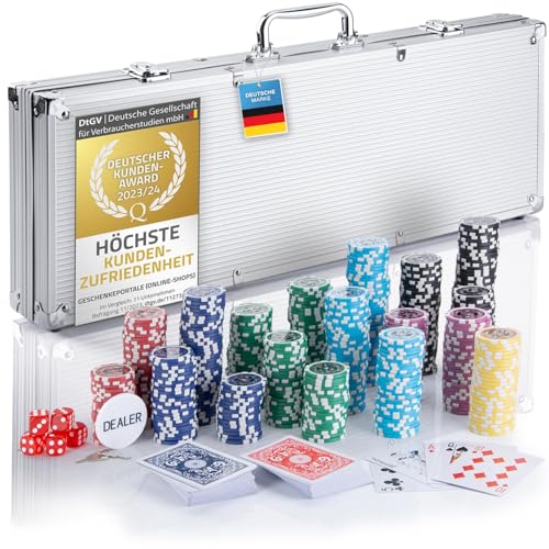 Profi Pokerkoffer Pokerset inkl. 300-500 Chips hochwertigen Pokerchips; Pokerdeck, Kartendeck, Pokerkarten, Würfel, Dealer-Button; abschließbar Alu-Koffer; Casino für Zuhause (Silber, 500 Chips) von GOODS+GADGETS