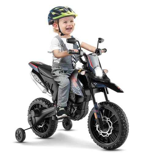 GOPLUS 12V Aprilia Elektro Motorrad, Kindermotorrad mit 2 Stützrädern & Scheinwerfer & Musik für Kinder von 3-8 Jahren, Kinderfahrzeug mit Doppelmotoren & Stoßdämpfer, 5,5-6 km/h (Blau) von GOPLUS