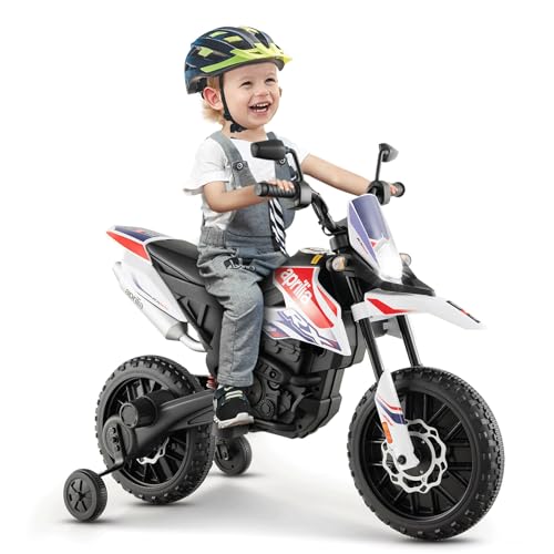 GOPLUS 12V Aprilia Elektro Motorrad, Kindermotorrad mit 2 Stützrädern & Scheinwerfer & Musik für Kinder von 3-8 Jahren, Kinderfahrzeug mit Doppelmotoren & Stoßdämpfer, 5,5-6 km/h (Weiß) von GOPLUS