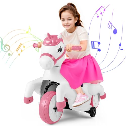 GOPLUS 12V Einhorn Rutschauto, Kinderfahrzeug mit Schaukelfunktion, Kinderauto mit 3 Räder & Stützräder, Elektromotorrad mit Musik & Batterieanzeige, Schaukelpferd für Kinder ab 3 Jahren (Rosa) von GOPLUS