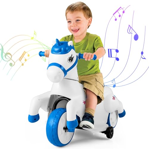 GOPLUS 12V Einhorn Rutschauto, Kinderfahrzeug mit Schaukelfunktion, Kinderauto mit 3 Räder & Stützräder, Elektromotorrad mit Musik & Batterieanzeige, Schaukelpferd für Kinder ab 3 Jahren (Blau) von GOPLUS