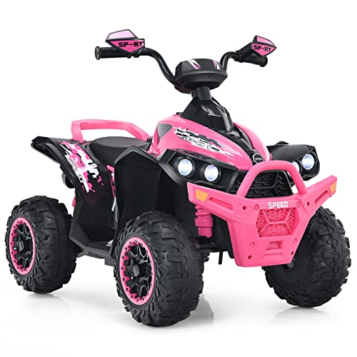 GOPLUS 12V Elektrische Kinderquad, Kinderfahrzeug mit LED-Scheinwerfern, Musik & Hupe, Elektroauto mit 4 rutschfeste Räder & langsamer Start, für Kinder 3–8 Jahre alt, bis 35 kg Belastbar (Rosa) von GOPLUS