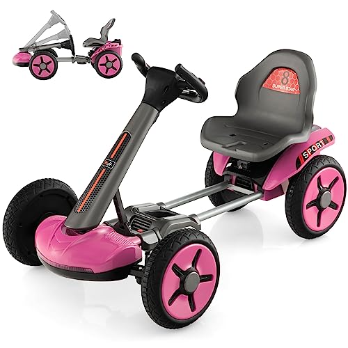 GOPLUS 12V Elektrisches Kinderfahrzeug, Gokart mit verstellbarem Lenkrad und Sitz, LED-Lichter, Klappbares Design, Tretauto zum Reiten für Jungen und Mädchen von 2-5 Jahren (Rosa) von GOPLUS