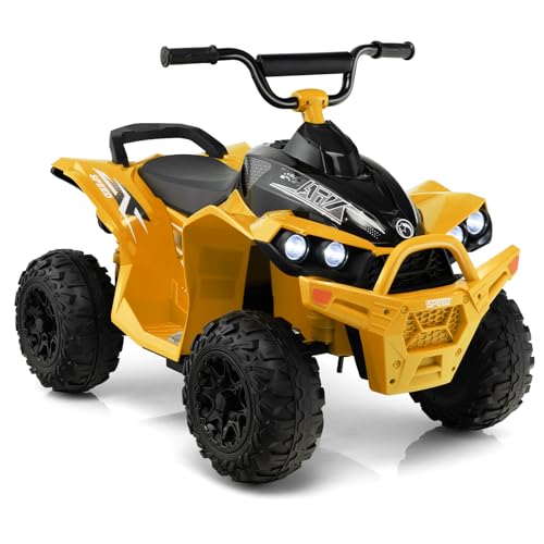 GOPLUS 12V Elektro Kinderquad, Kinderfahrzeug mit 2 Geschwindigkeiten 2,2/4,3 km/h, Elektroquad mit Hupe, Musik & LED-Scheinwerfern, Kinderauto für Kinder von 3 bis 8 Jahren bis zu 35 kg (Gelb) von GOPLUS