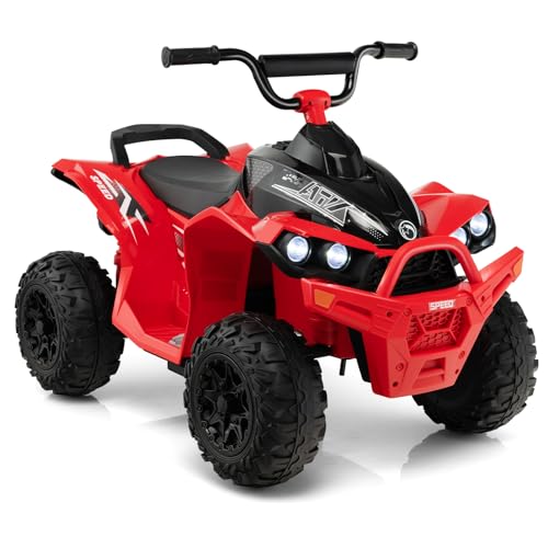 GOPLUS 12V Elektro Kinderquad, Kinderfahrzeug mit 2 Geschwindigkeiten 2,2/4,3 km/h, Elektroquad mit Hupe, Musik & LED-Scheinwerfern, Kinderauto für Kinder von 3 bis 8 Jahren bis zu 35 kg (Rot) von GOPLUS