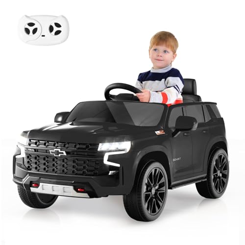 GOPLUS 12V Elektroauto Chevrolet, Kinderauto SUV mit Lichtern, 2,4 G-Fernbedienung, Musik & drahtloser Verbindung, Elektrofahrzeug für Kinder ab 3 Jahren (Schwarz) von GOPLUS