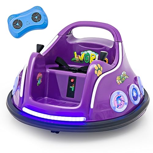 GOPLUS 12V Kinder Autoscooter, Elektro Bumper Car mit Fernbedienung, Joystick, blinkendem LED-Licht & Musik, Autoscooter mit 360 Grad Rotation & Vorwärts- und Rückwärtsfunktion (Lila) von GOPLUS