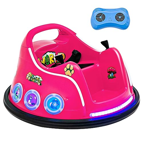 GOPLUS 12V Kinder Autoscooter, Elektro Bumper Car mit Fernbedienung, Joystick, blinkendem LED-Licht & Musik, Autoscooter mit 360 Grad Rotation & Vorwärts- und Rückwärtsfunktion (Rosa) von GOPLUS