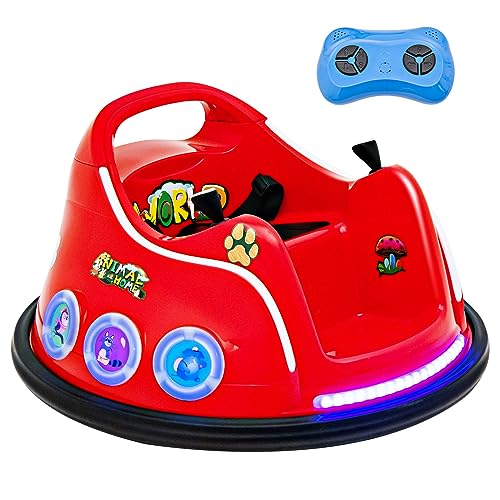 GOPLUS 12V Kinder Autoscooter, Elektro Bumper Car mit Fernbedienung, Joystick, blinkendem LED-Licht & Musik, Autoscooter mit 360 Grad Rotation & Vorwärts- und Rückwärtsfunktion (Rot) von GOPLUS