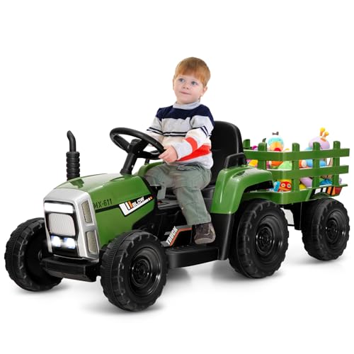 GOPLUS 12V Kinder Elektrischer Traktor mit Anhänger, 3-Gang Elektrofahrzeug mit Fernbedienung, Elektroauto mit LED-Licht & Musik & Bluetooth, 30 kg Belastbarkeit, ab 3 Jahre (Dunkelgrün) von GOPLUS