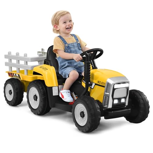 GOPLUS 12V Kinder Elektrischer Traktor mit Anhänger, 3-Gang Elektrofahrzeug mit Fernbedienung, Elektroauto mit LED-Licht & Musik & Bluetooth, 30 kg Belastbarkeit, ab 3 Jahre (Gelb) von GOPLUS