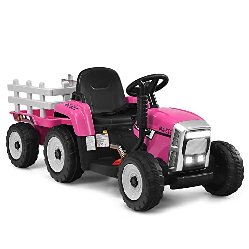 GOPLUS 12V Kinder Elektrischer Traktor mit Anhänger, 3-Gang Elektrofahrzeug mit Fernbedienung, Elektroauto mit LED-Licht & Musik & Bluetooth, 30 kg Belastbarkeit, ab 3 Jahre (Rosa) von GOPLUS