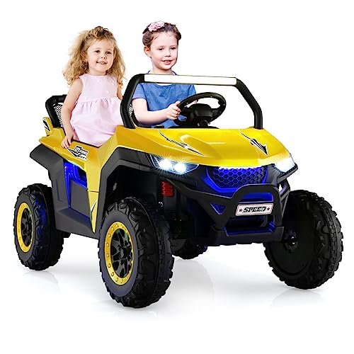 GOPLUS 12V Kinder Elektroauto, 2-Sitzer Kinderfahrzeug mit 2,4 GHz Fernbedienung, Scheinwerfer, Musik, Coolen Lichteffekten & Aufbewahrungstasche, Kinderauto mit Langsam Start für 3-8 Jahre (Gelb) von GOPLUS