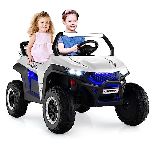 GOPLUS 12V Kinder Elektroauto, 2-Sitzer Kinderfahrzeug mit 2,4 GHz Fernbedienung, Scheinwerfer, Musik, Coolen Lichteffekten & Aufbewahrungstasche, Kinderauto mit Langsam Start für 3-8 Jahre (Weiß) von GOPLUS