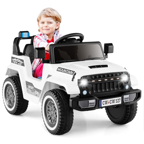 GOPLUS 12V Kinder Elektroauto, Kinderauto Jeep mit Lichtern, Elektrofahrzeug mit 2,4G Fernbedienung, Musik, LED-Lichter und drahtloser Verbindung, Elektro Jeep für Kinder 3-8 Jahre (Weiß) von GOPLUS