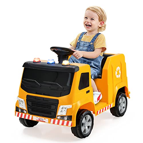 GOPLUS 12V elektrischer Recyclingwagen mit 2,4G-Fernbedienung, Müllwagen mit Musik, Hupe, Warnleuchten Langsamer Start, Spielzeugauto mit 4 Räder für Kinder von 3-8 Jahre (Gelb) von GOPLUS