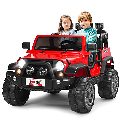 GOPLUS 2-Sitz Kinder Elektroauto, 12V Batteriebetriebener Elektro-LKW mit 2,4 GHz Fernbedienung&LED-Lichte&Musik&Stoßdämpfungfederaufhängung, Verstellbaren Geschwindigkeiten, Langsamer Start (Rot) von GOPLUS