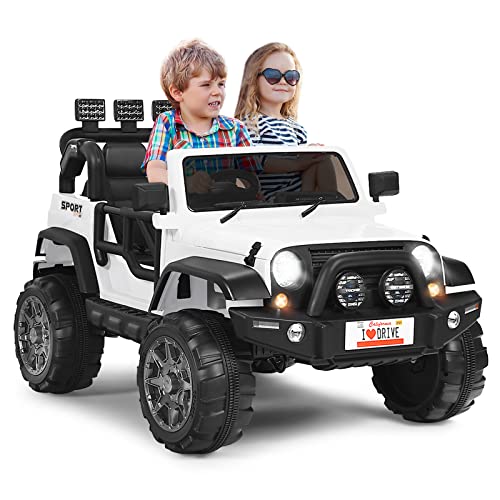 GOPLUS 2-Sitz Kinder Elektroauto, 12V Batteriebetriebener Elektro-LKW mit 2,4 GHz Fernbedienung&LED-Lichte&Musik&Stoßdämpfungfederaufhängung, Verstellbaren Geschwindigkeiten, Langsamer Start (Weiß) von GOPLUS