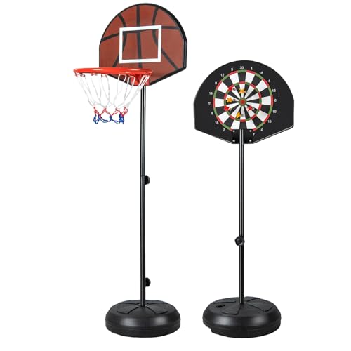 GOPLUS 2 in 1 Basketballkorb mit Dartscheibe & 6 Darts, Basketballständer Outdoor für Kinder 3-10 Jahren, 96-146cm Korbhöhe verstellbar, Basketballkorb mit Ständer für Innen- und Außenbereich von GOPLUS