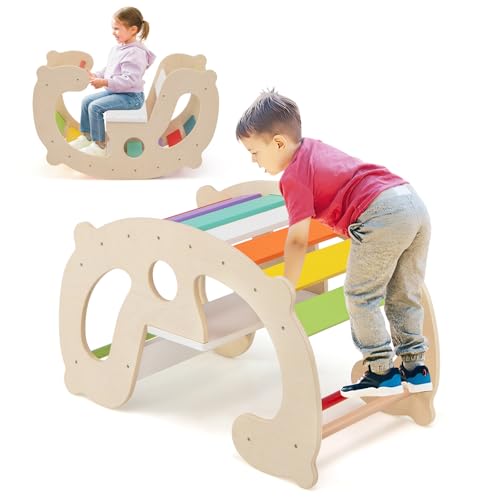 GOPLUS 2 in 1 Kletterbogen Kinder, Klettergerüst Indoor aus Holz mit Rückenlehne und Sitz, Schaukelspielzeug Schaukelpferd mit Kippsicherun für Kinder ab 1 Jahr von GOPLUS