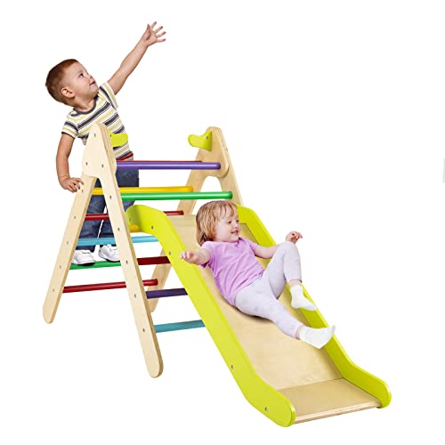 GOPLUS 2 in 1 Kletterspielzeug mit Verstellbarer Rutsche, Dreieckige Kletterleiter aus Holz, Sicherheitshandläufen, Kletterwand im Innen- & Außenbereich, für Zuhause & Kindergarten (Bunt) von GOPLUS