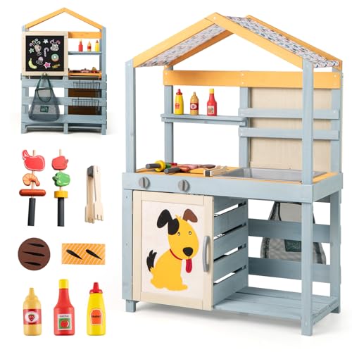 GOPLUS 2 in 1 Matschküche Outdoor, doppelseitige Spielküche für Kinder mit Tafel, Grill, Backofen, Vordach & Grillzubehörteile, Kinderküche Holz für Mädchen und Jungen ab 3 Jahren von GOPLUS